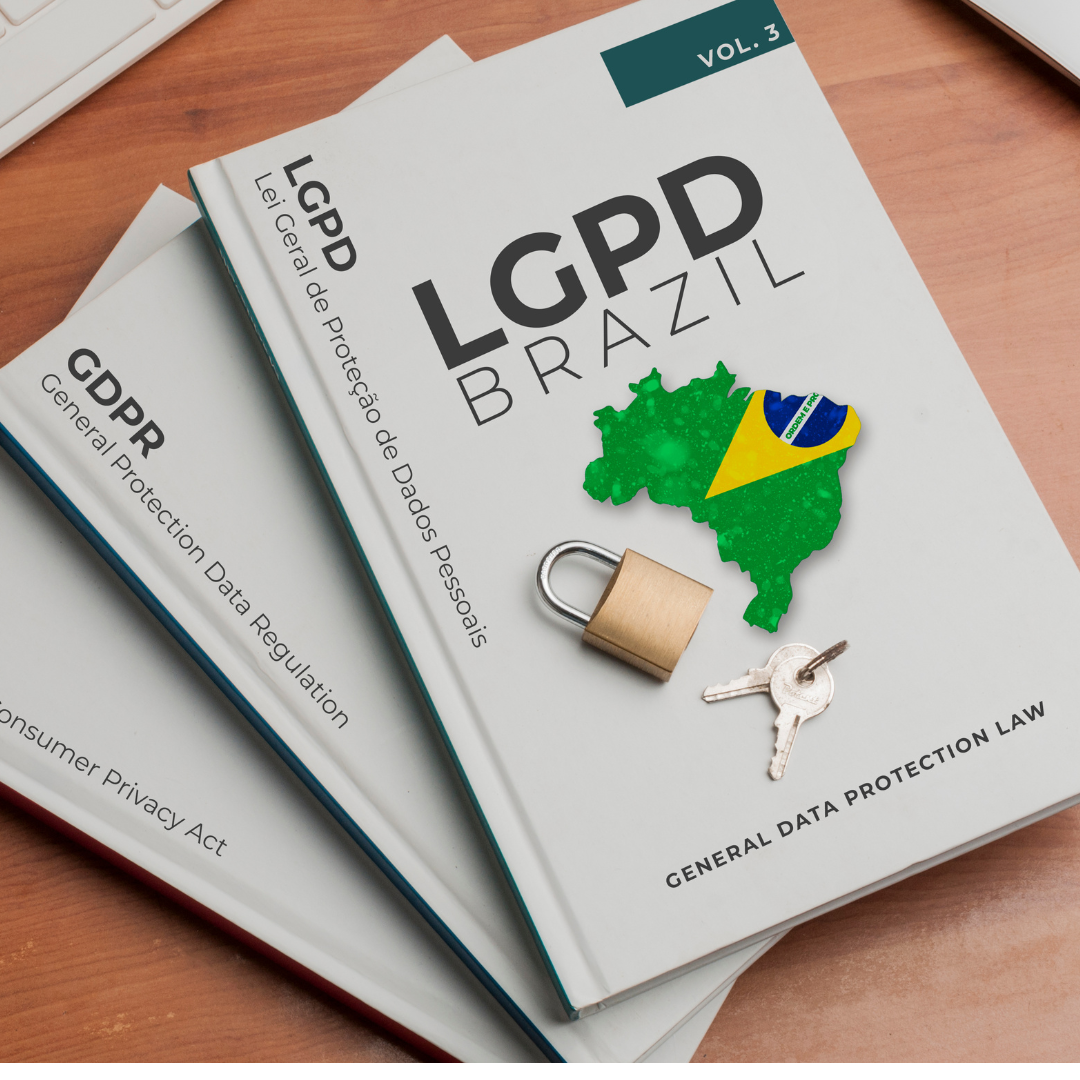 Livros sobre a LGPD e GDPR empilhados com um cadeado e chave ao lado.
