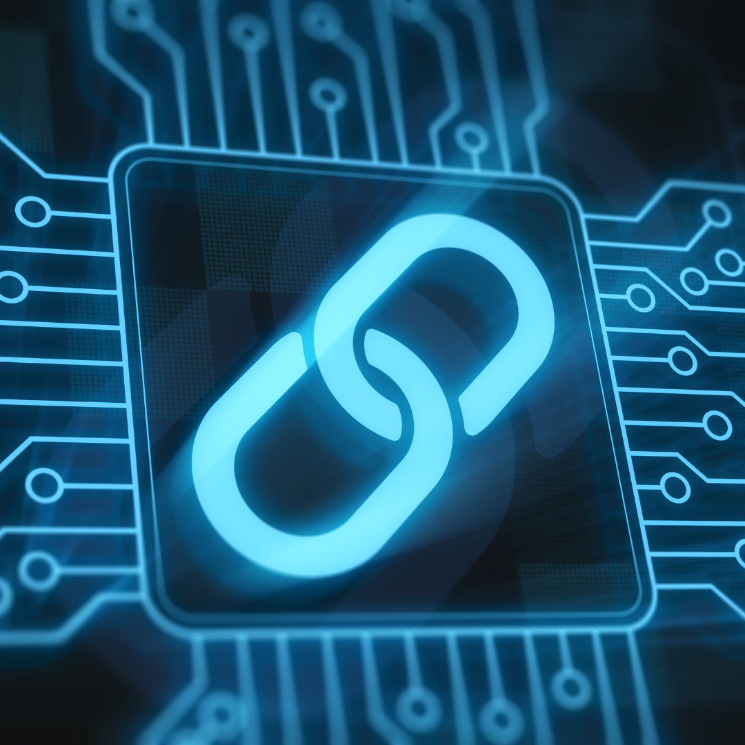 Ilustração digital de um ícone de link brilhando em azul, representando a tecnologia blockchain.